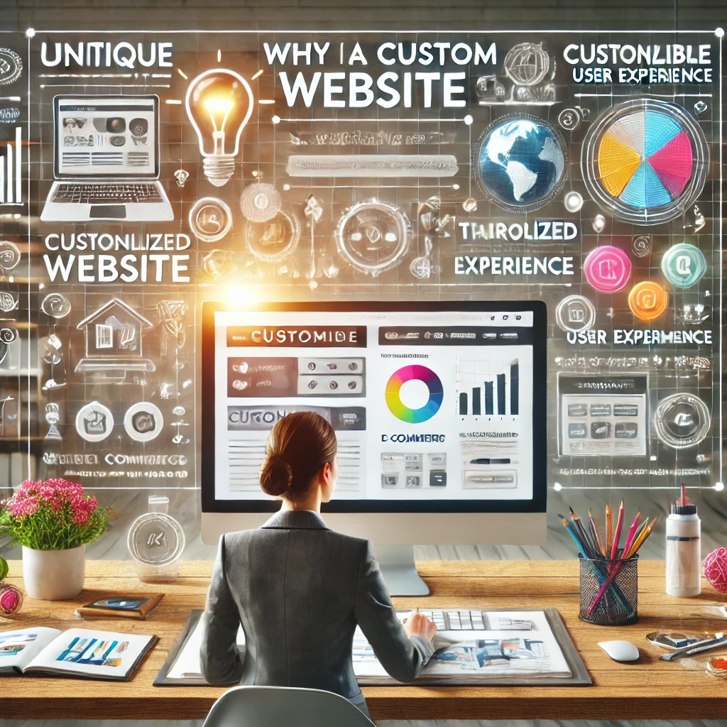 Image of a modern workspace with a business professional working on a digital screen displaying a customized website interface. The website design includes personalized branding elements, unique layouts, and specialized functionalities, illustrating the importance of custom websites for tailored user experiences and business growth.